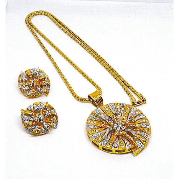 Gold & Silver Tone Swirl Pendant Necklace & Earrings Set Clear Crystals New SEE - Picture 1 of 3